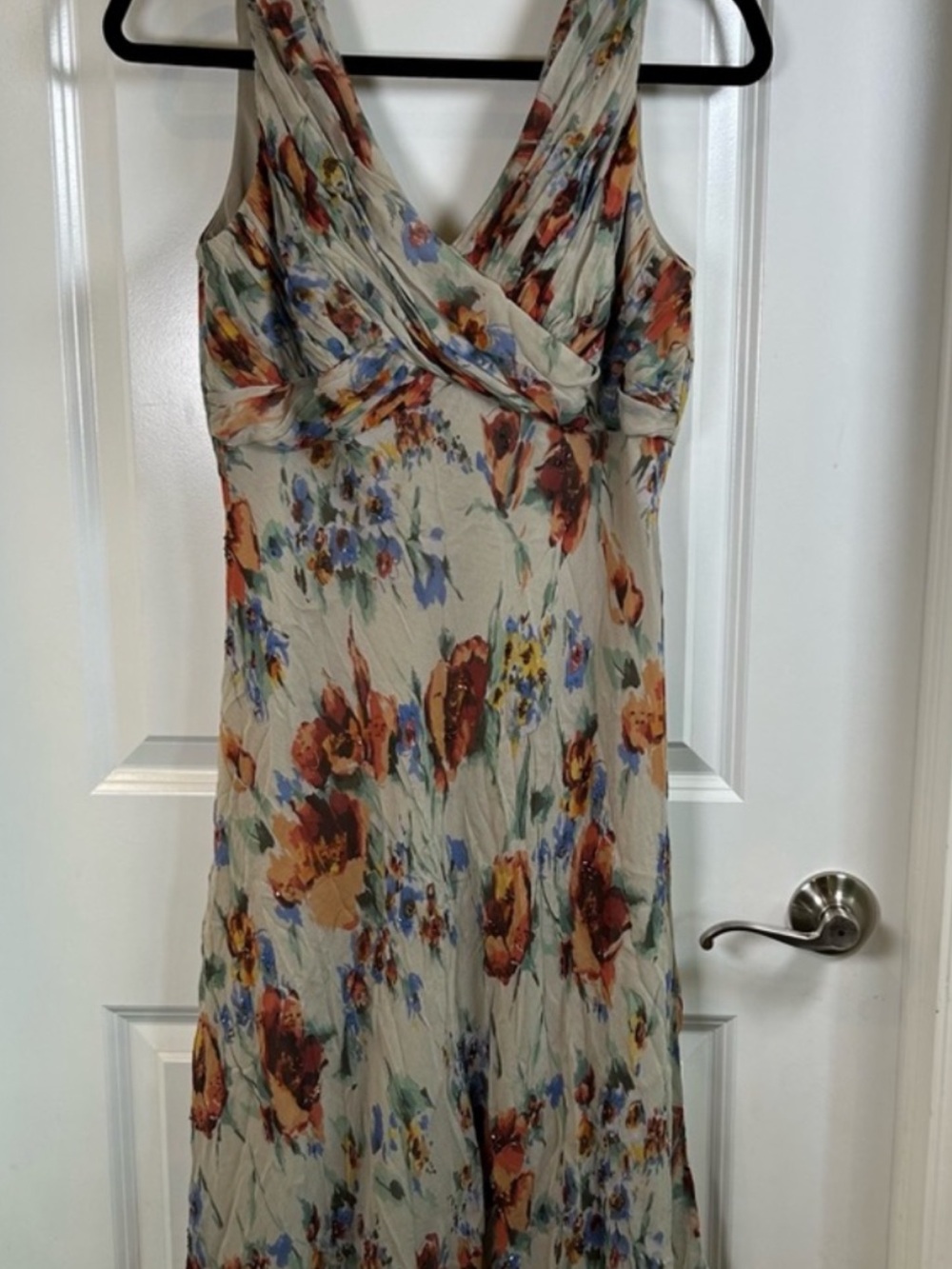 Adrianna Papell Beige Midi Dress with Rust and Blue Floral Print